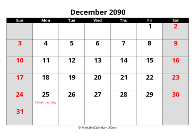 december 2090 editable calendar with large font size