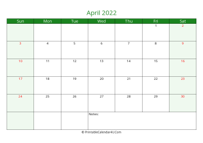 editable calendar april 2022, week start on sunday