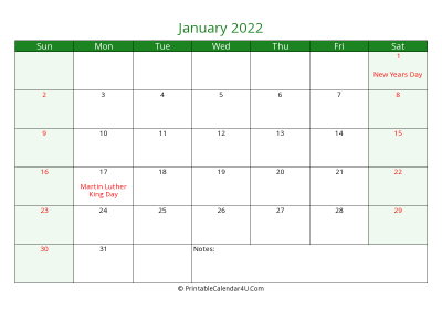 editable calendar january 2022 with us holidays