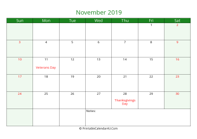 editable calendar november 2019 with us holidays
