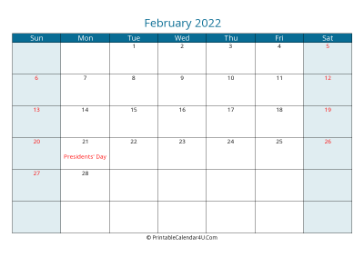 february 2022 calendar printable with us holidays, sunday start, landscape, letter paper size