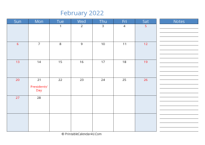 february 2022 printable calendar with us holidays, sunday start, side notes, landscape, letter