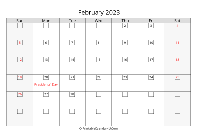 february 2023 calendar with days in box