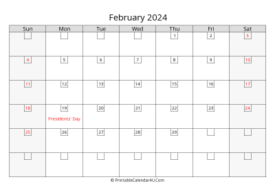 february 2024 calendar with days in box