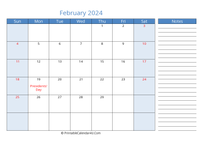 february 2024 printable calendar with us holidays, sunday start, side notes, landscape, letter
