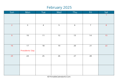 february 2025 calendar printable with us holidays, sunday start, landscape, letter paper size