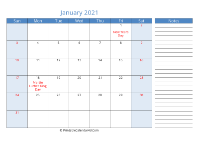 january 2021 printable calendar with us holidays, sunday start, side notes, landscape, letter
