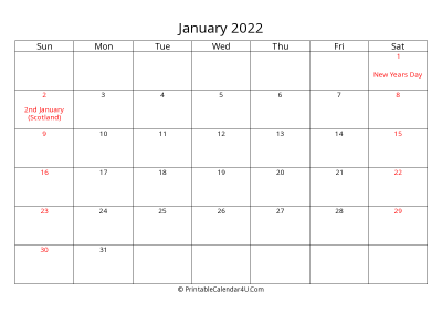 january 2022 calendar printable with uk bank holidays