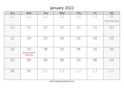 january 2022 calendar with days in box