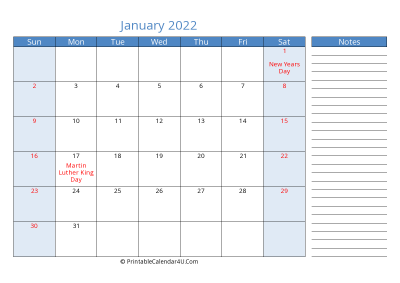 january 2022 printable calendar with us holidays, sunday start, side notes, landscape, letter