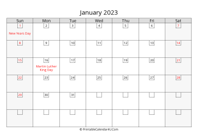 january 2023 calendar with days in box