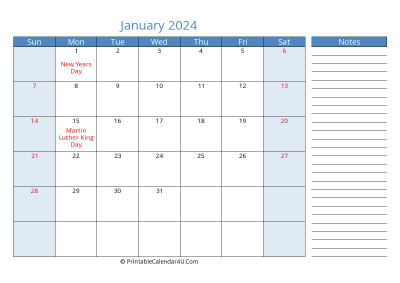 january 2024 printable calendar with us holidays, sunday start, side notes, landscape, letter