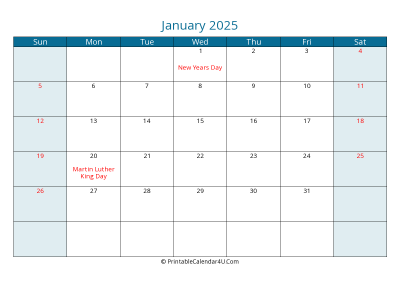 january 2025 calendar printable with us holidays, sunday start, landscape, letter paper size