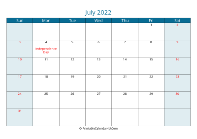july 2022 calendar printable with us holidays, sunday start, landscape, letter paper size