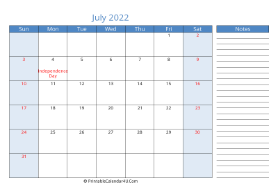 july 2022 printable calendar with us holidays, sunday start, side notes, landscape, letter