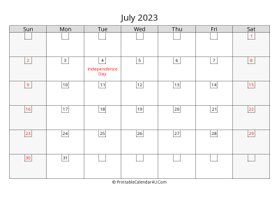 july 2023 calendar with days in box