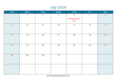 july 2024 calendar printable with us holidays, sunday start, landscape, letter paper size