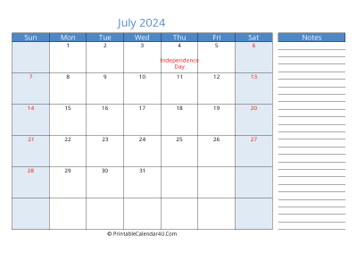 july 2024 printable calendar with us holidays, sunday start, side notes, landscape, letter