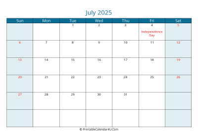 july 2025 calendar printable with us holidays, sunday start, landscape, letter paper size