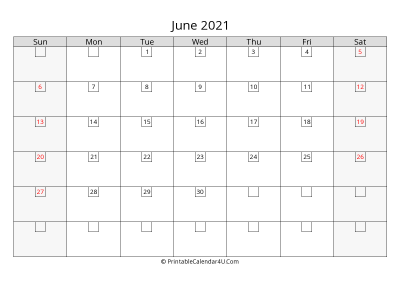 june 2021 calendar with days in box