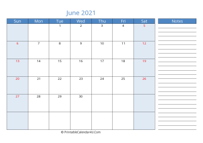 june 2021 printable calendar with us holidays, sunday start, side notes, landscape, letter