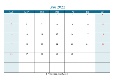 june 2022 calendar printable with us holidays, sunday start, landscape, letter paper size