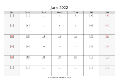 june 2022 calendar with days in box