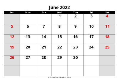june 2022 editable calendar with large font size
