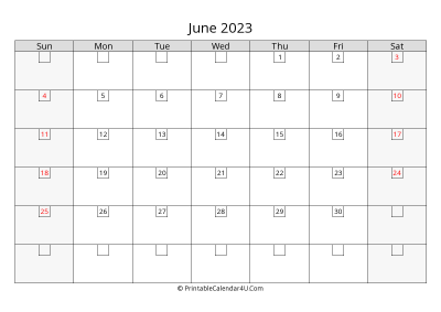 june 2023 calendar with days in box