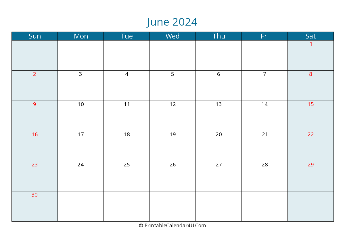 June 2024 Calendar Printable with US Holidays, week start on Sunday ...
