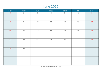 june 2025 calendar printable with us holidays, sunday start, landscape, letter paper size