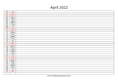 lined calendar april 2022
