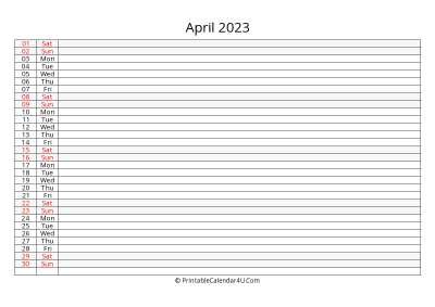 lined calendar april 2023