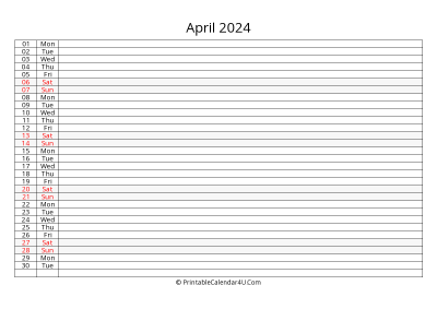 lined calendar april 2024
