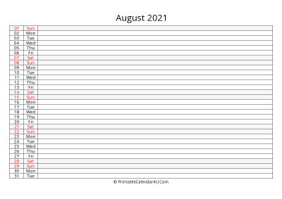lined calendar august 2021
