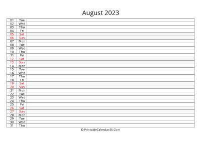 lined calendar august 2023