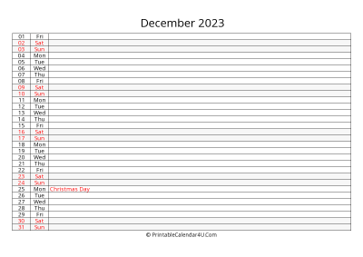 lined calendar december 2023