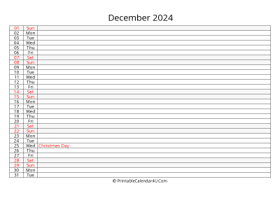 lined calendar december 2024