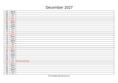 lined calendar december 2027