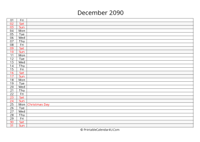 lined calendar december 2090