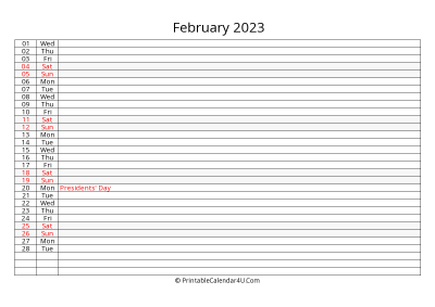 lined calendar february 2023