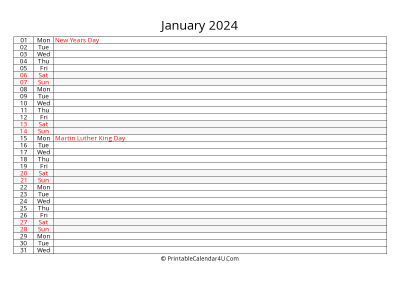 lined calendar january 2024