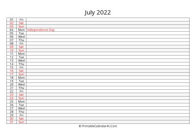 lined calendar july 2022