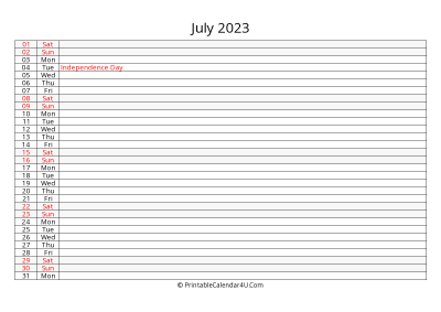 lined calendar july 2023