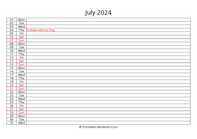 lined calendar july 2024