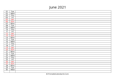 lined calendar june 2021