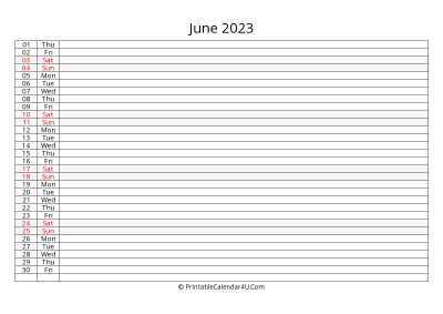 lined calendar june 2023
