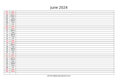 lined calendar june 2024