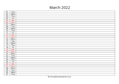 lined calendar march 2022