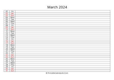 lined calendar march 2024